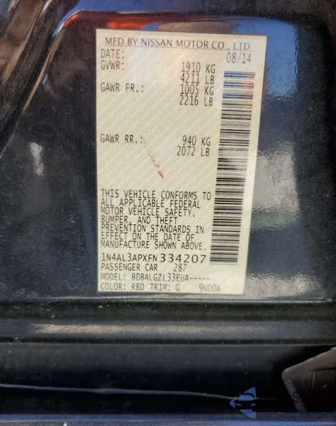 2015 Nissan Altima 2.5 из США, поврежденный, VIN 1N4AL3APXFN334207